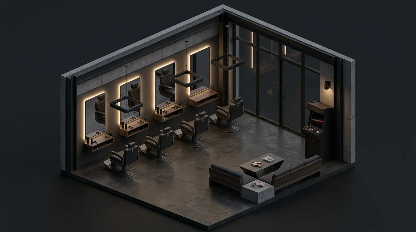 Drafting-style floor plan illustration of the new French Valley shop: four barber chairs along the mirror wall, waiting lounge with bench and arcade cabinet