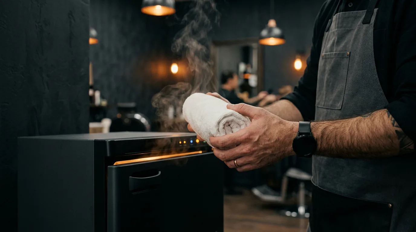 A steaming hot towel lifted from the warming pot