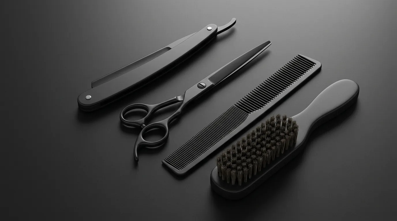 Straight razor, scissors, comb and brush laid out in the kit