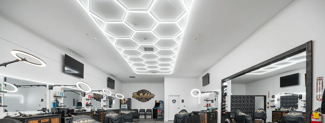 Hexagon LED honeycomb ceiling inside The Butchers Barbershop